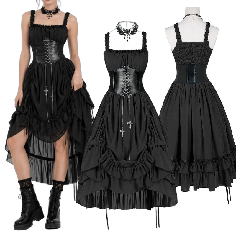 Vintage Fashion Dresses - Damen Gothic Kleid Korsett Slip Schwarz
